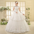 High Neckline Crystal Cap Sleeves Vintage Lace Appliques Ball Gown Tiered Pregnant Muslim Wedding Dress